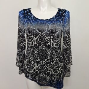 Alfani Women’s Blue and Black Sequin Damask Print Long Sleeve Blouse Size L
